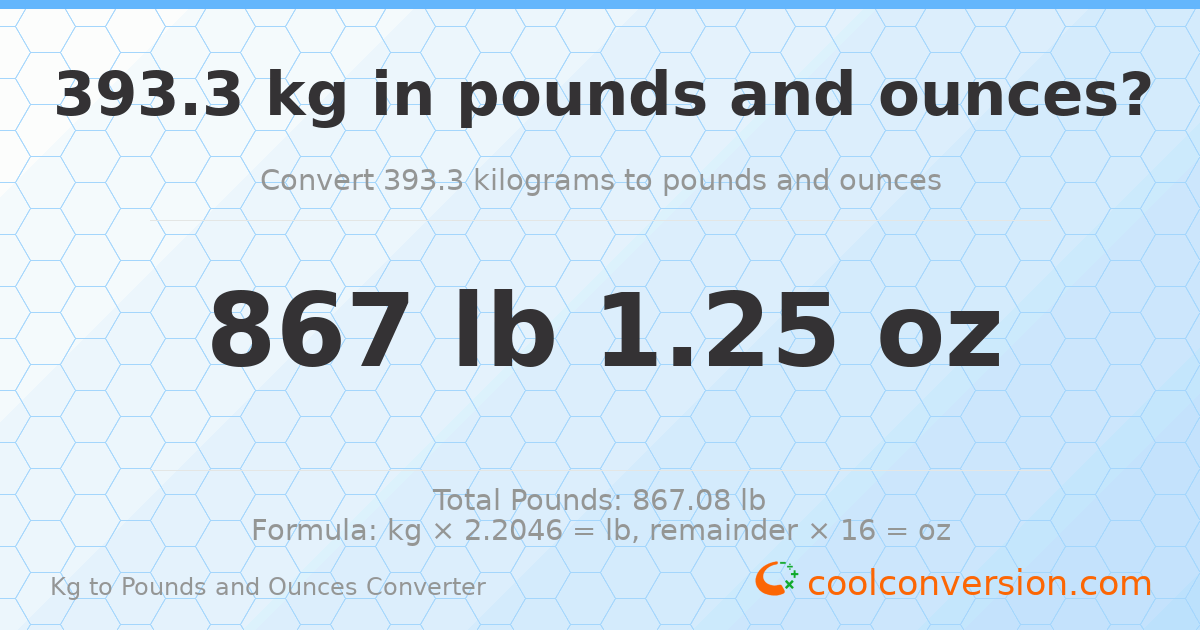 393.3 kg to lbs and oz — 393.3 kg = 867 lb 1.25 oz