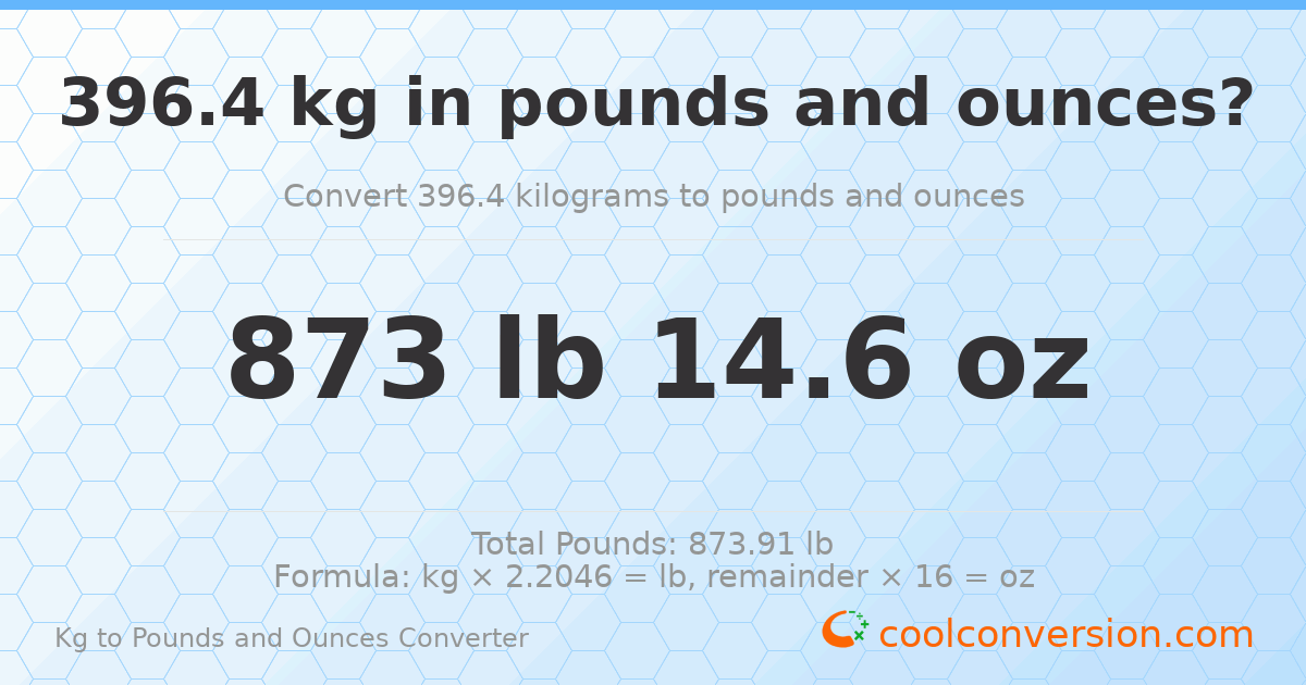 396.4 kg to lbs and oz — 396.4 kg = 873 lb 14.6 oz
