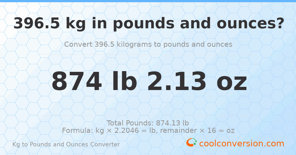 396.5 kg to lbs and oz — 396.5 kg = 874 lb 2.13 oz