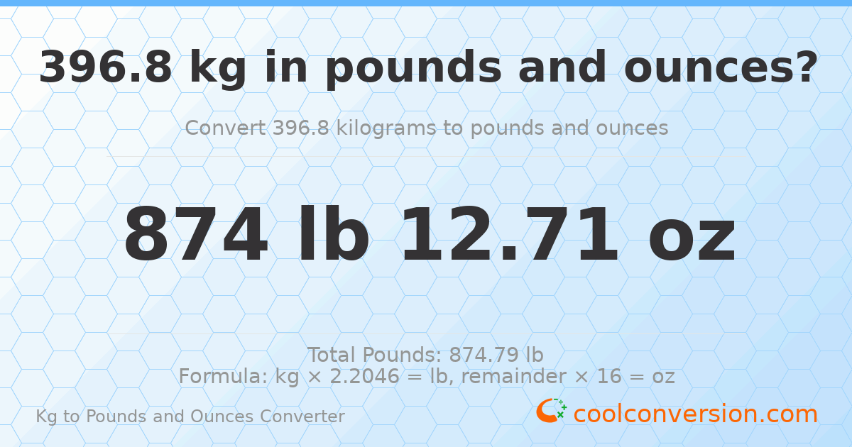 396.8 kg to lbs and oz — 396.8 kg = 874 lb 12.71 oz