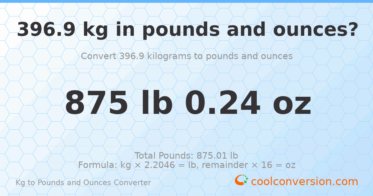 396.9 kg to lbs and oz — 396.9 kg = 875 lb 0.24 oz