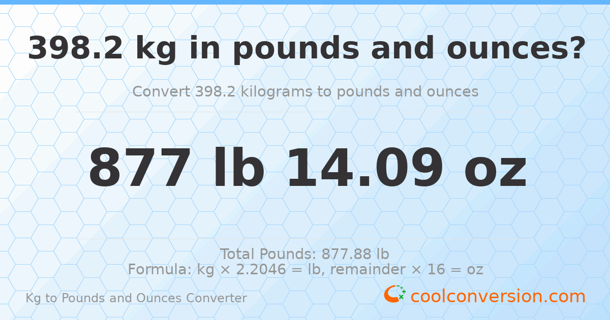 398.2 kg to lbs and oz — 398.2 kg = 877 lb 14.09 oz