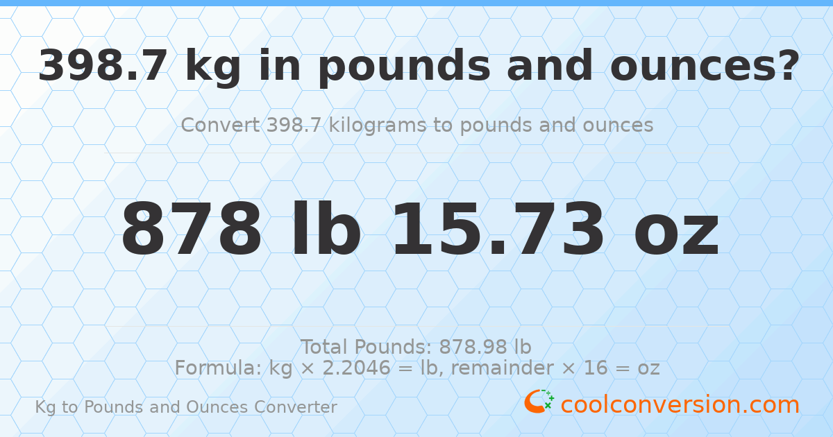 398.7 kg to lbs and oz — 398.7 kg = 878 lb 15.73 oz