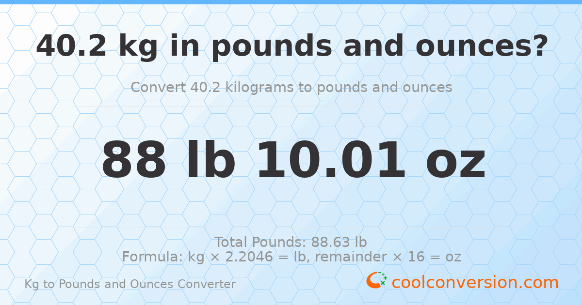 40.2 kg to lbs and oz — 40.2 kg = 88 lb 10.01 oz