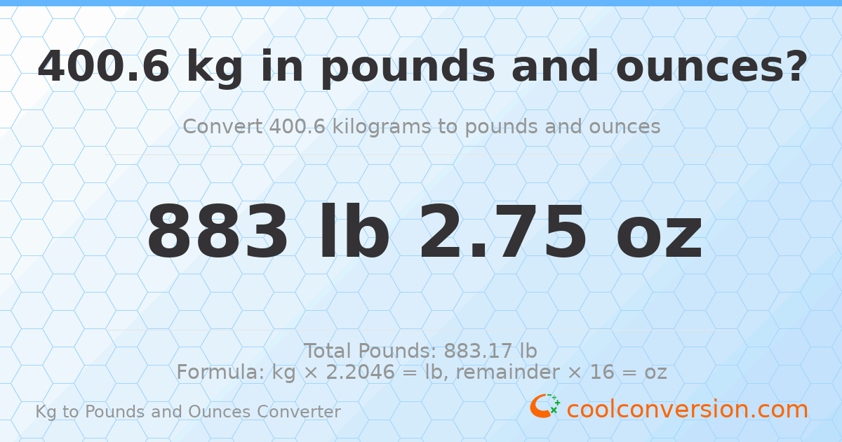 400.6 kg to lbs and oz — 400.6 kg = 883 lb 2.75 oz