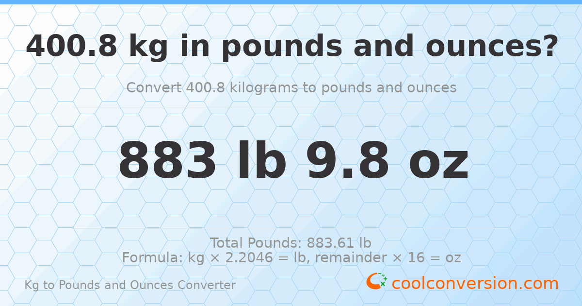 400.8 kg to lbs and oz — 400.8 kg = 883 lb 9.8 oz