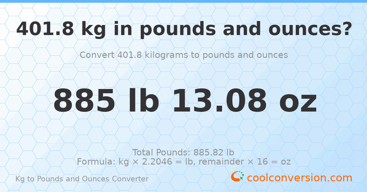 401.8 kg to lbs and oz — 401.8 kg = 885 lb 13.08 oz