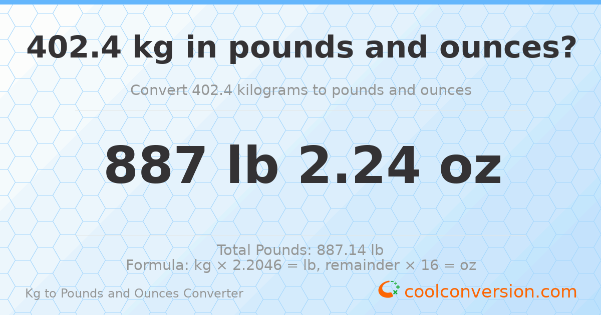 402.4 kg to lbs and oz — 402.4 kg = 887 lb 2.24 oz