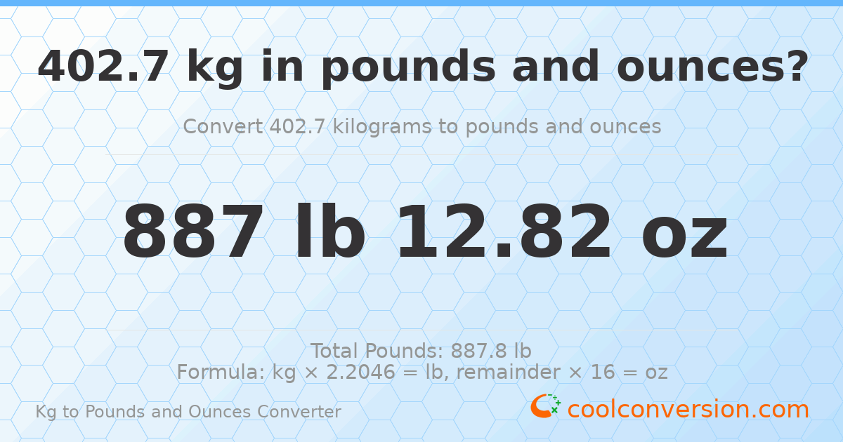 402.7 kg to lbs and oz — 402.7 kg = 887 lb 12.82 oz