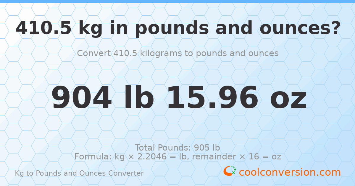 410.5 kg to lbs and oz — 410.5 kg = 904 lb 15.96 oz