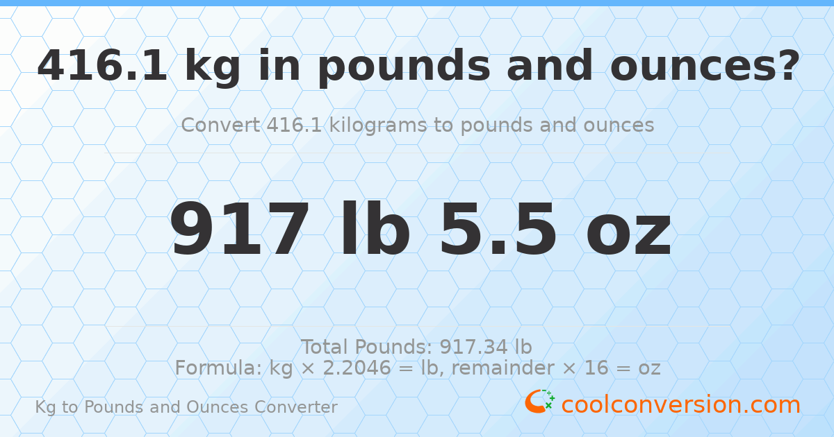 416.1 kg to lbs and oz — 416.1 kg = 917 lb 5.5 oz