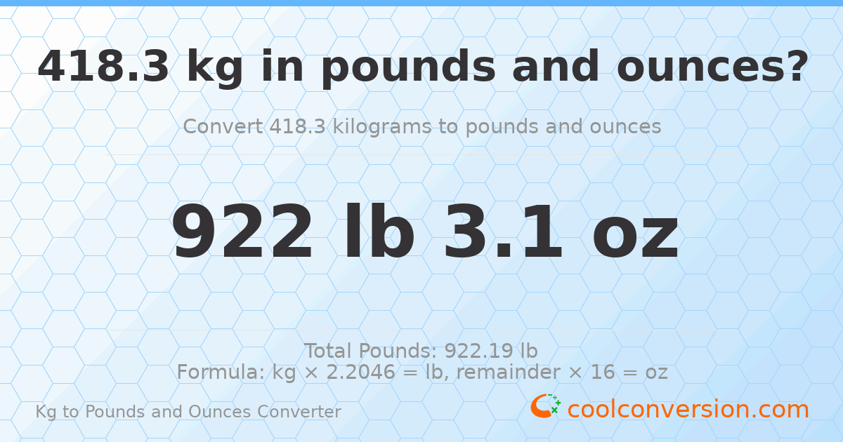 418.3 kg to lbs and oz — 418.3 kg = 922 lb 3.1 oz