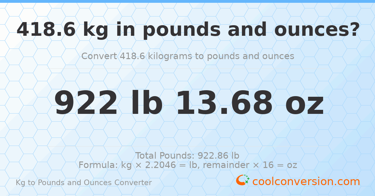 418.6 kg to lbs and oz — 418.6 kg = 922 lb 13.68 oz