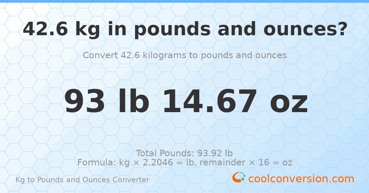 42.6 kg to lbs and oz — 42.6 kg = 93 lb 14.67 oz