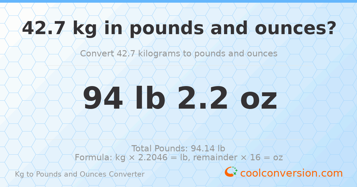 42.7 kg to lbs and oz — 42.7 kg = 94 lb 2.2 oz