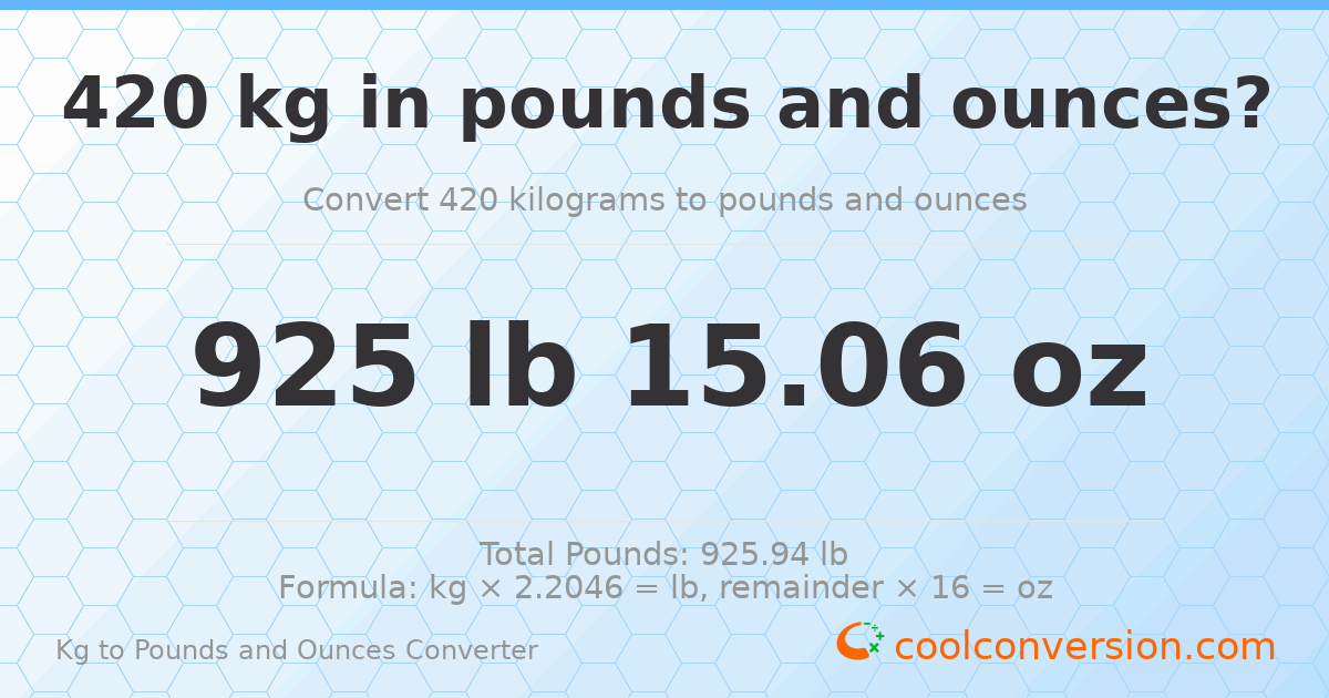 420 kg to lbs and oz — 420 kg = 925 lb 15.06 oz