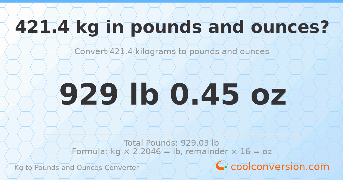 421.4 kg to lbs and oz — 421.4 kg = 929 lb 0.45 oz