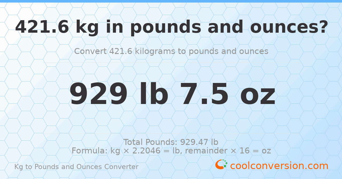 421.6 kg to lbs and oz — 421.6 kg = 929 lb 7.5 oz