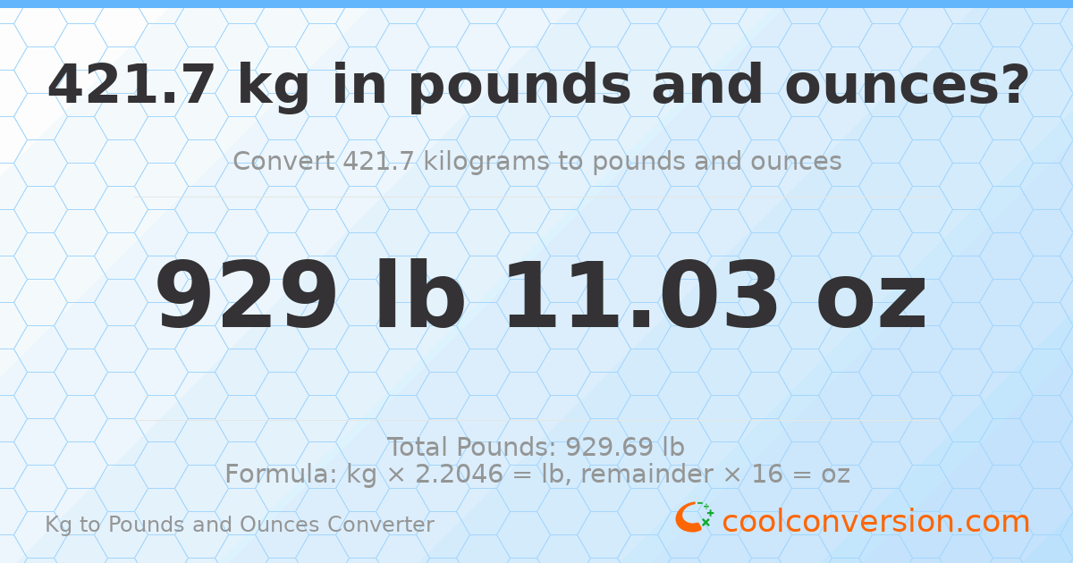 421.7 kg to lbs and oz — 421.7 kg = 929 lb 11.03 oz