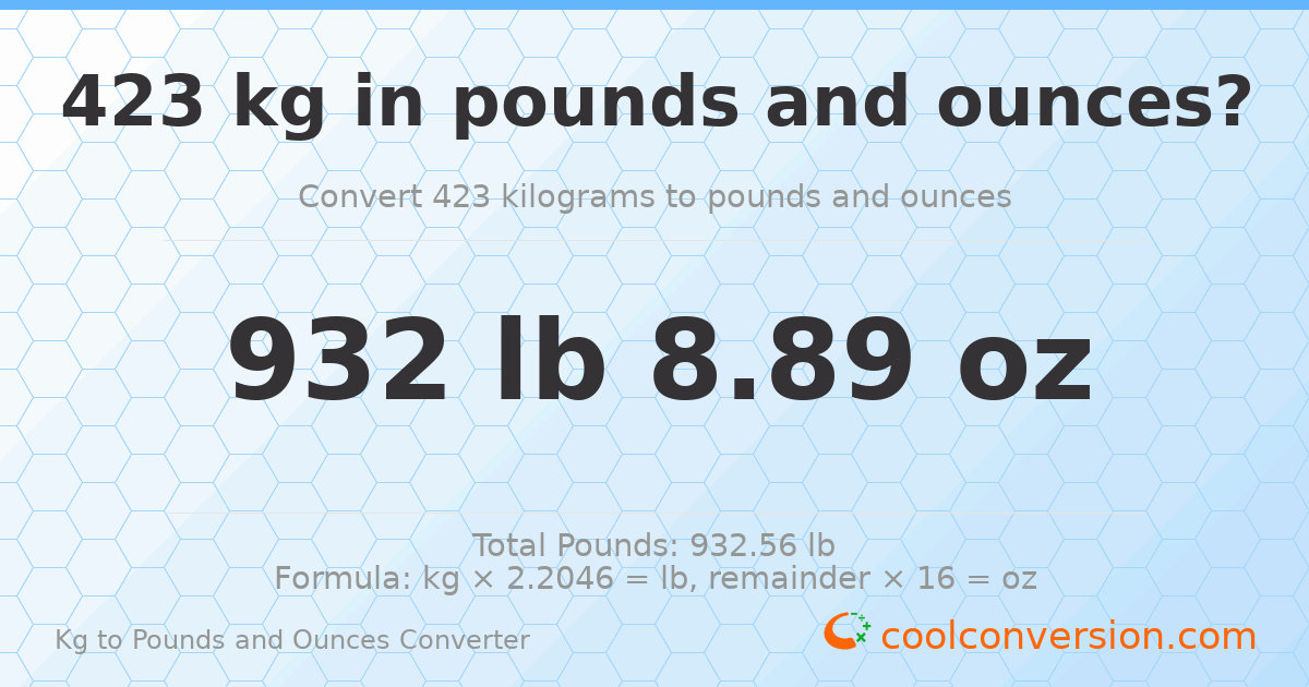 423 kg to lbs and oz — 423 kg = 932 lb 8.89 oz