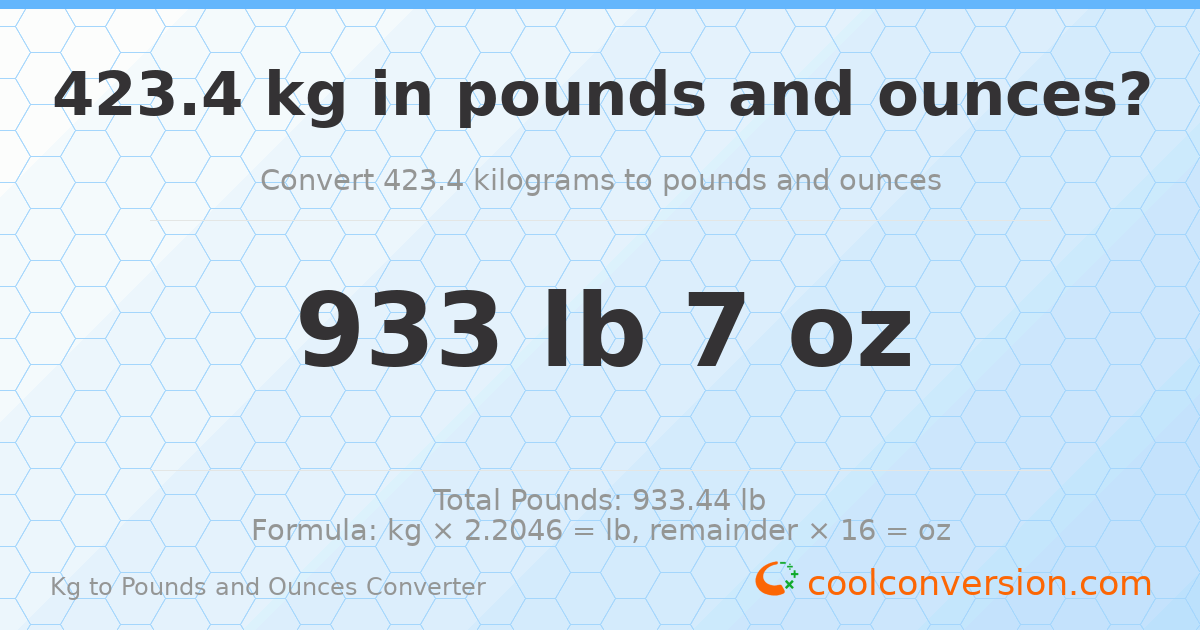 423.4 kg to lbs and oz — 423.4 kg = 933 lb 7 oz