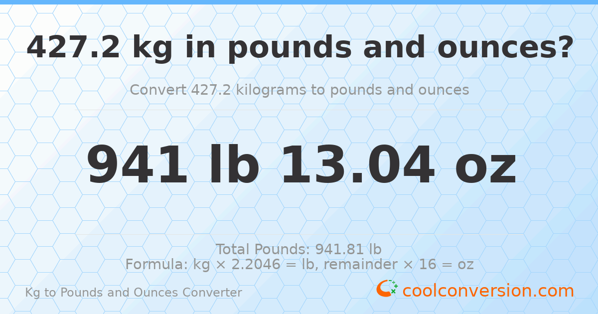 427.2 kg to lbs and oz — 427.2 kg = 941 lb 13.04 oz