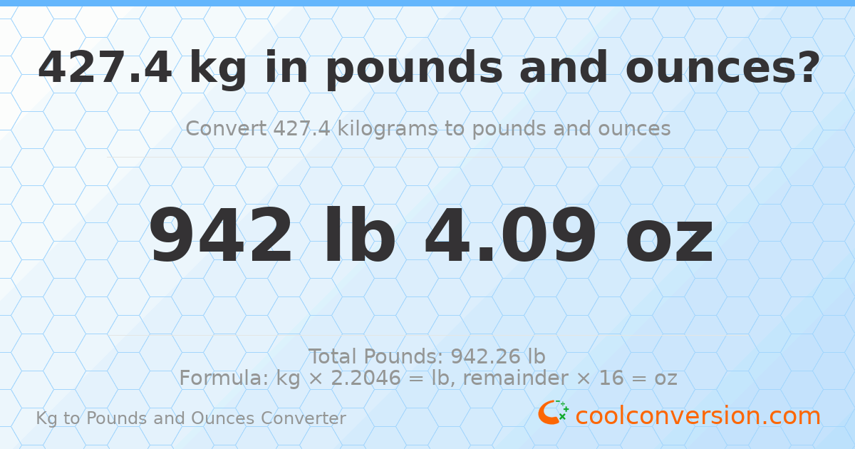 427.4 kg to lbs and oz — 427.4 kg = 942 lb 4.09 oz