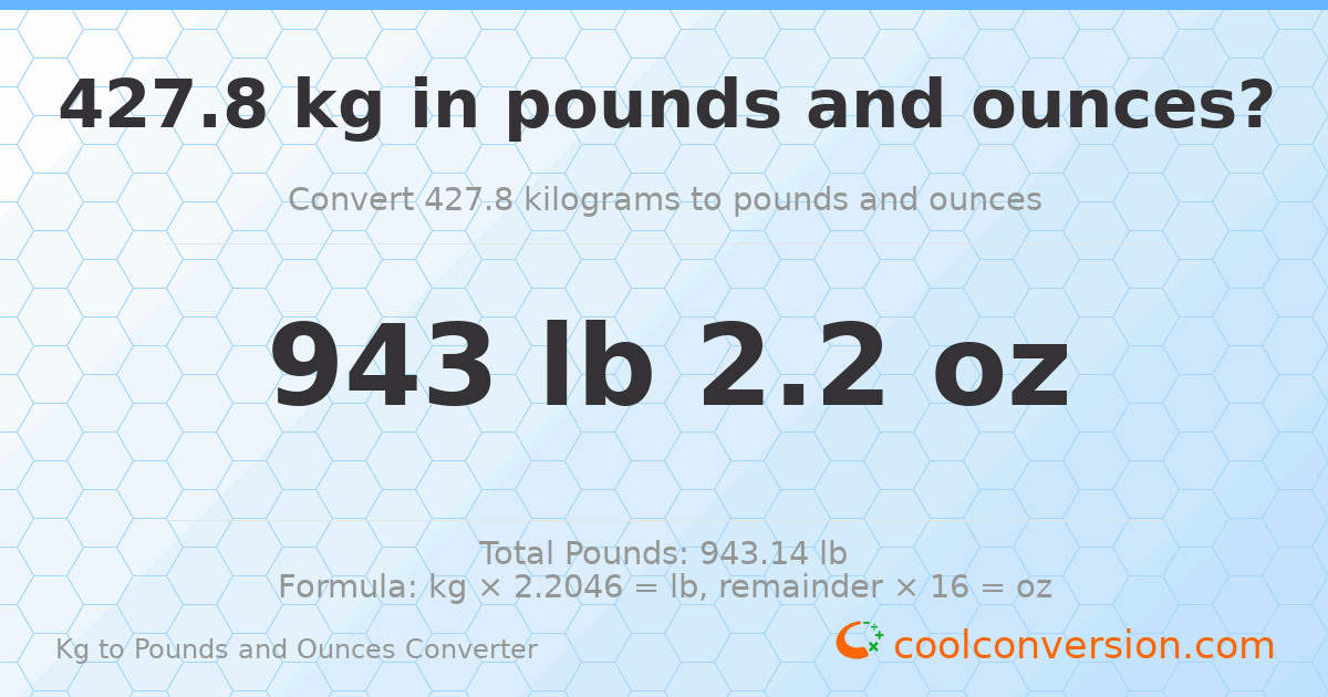 427.8 kg to lbs and oz — 427.8 kg = 943 lb 2.2 oz