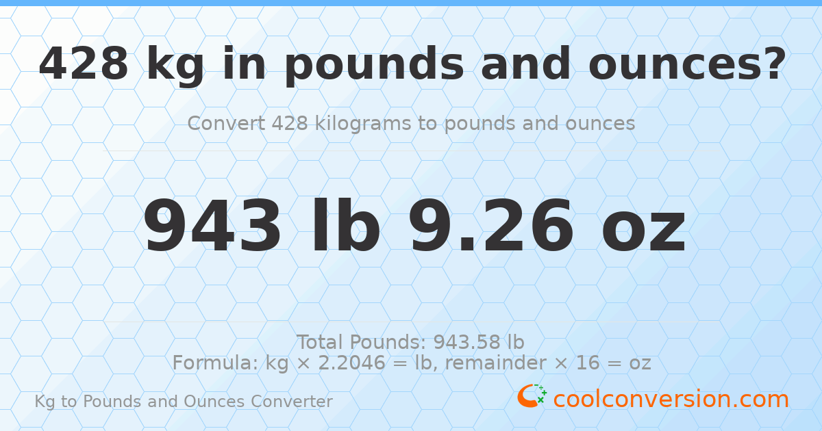 428 kg to lbs and oz — 428 kg = 943 lb 9.26 oz