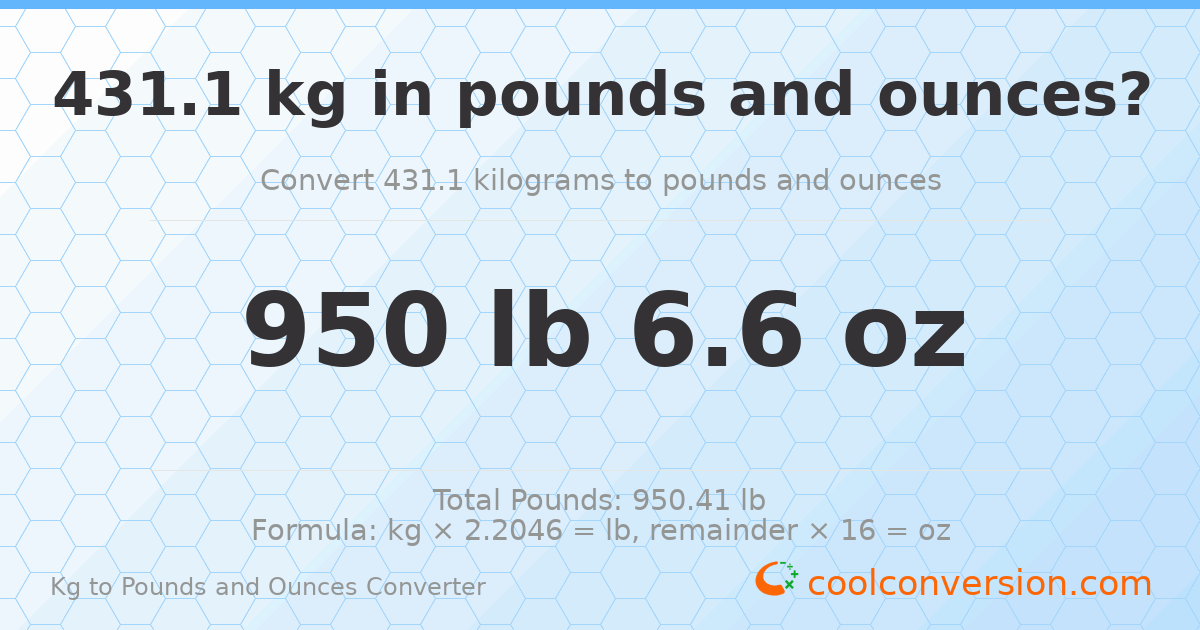 431.1 kg to lbs and oz — 431.1 kg = 950 lb 6.6 oz