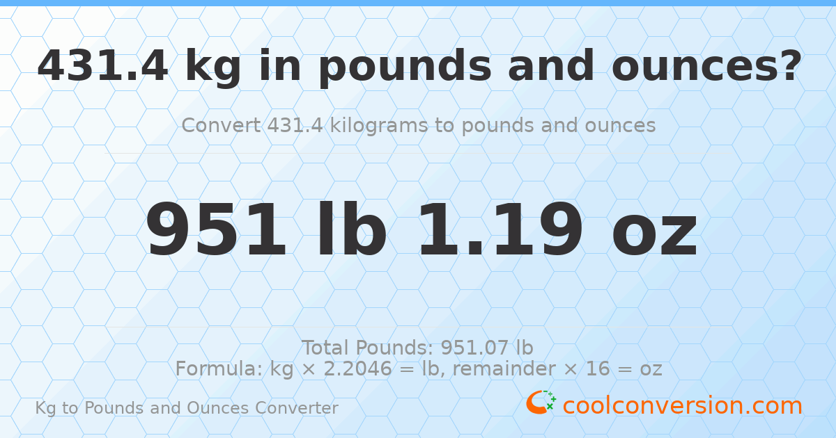 431.4 kg to lbs and oz — 431.4 kg = 951 lb 1.19 oz