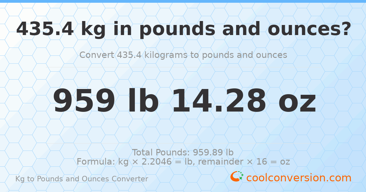 435.4 kg to lbs and oz — 435.4 kg = 959 lb 14.28 oz