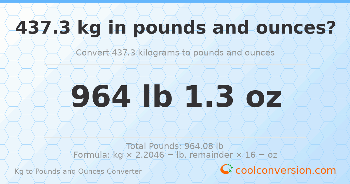 437.3 kg to lbs and oz — 437.3 kg = 964 lb 1.3 oz
