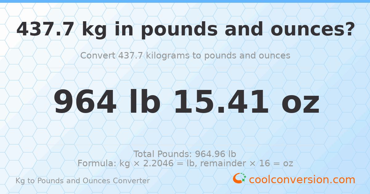 437.7 kg to lbs and oz — 437.7 kg = 964 lb 15.41 oz