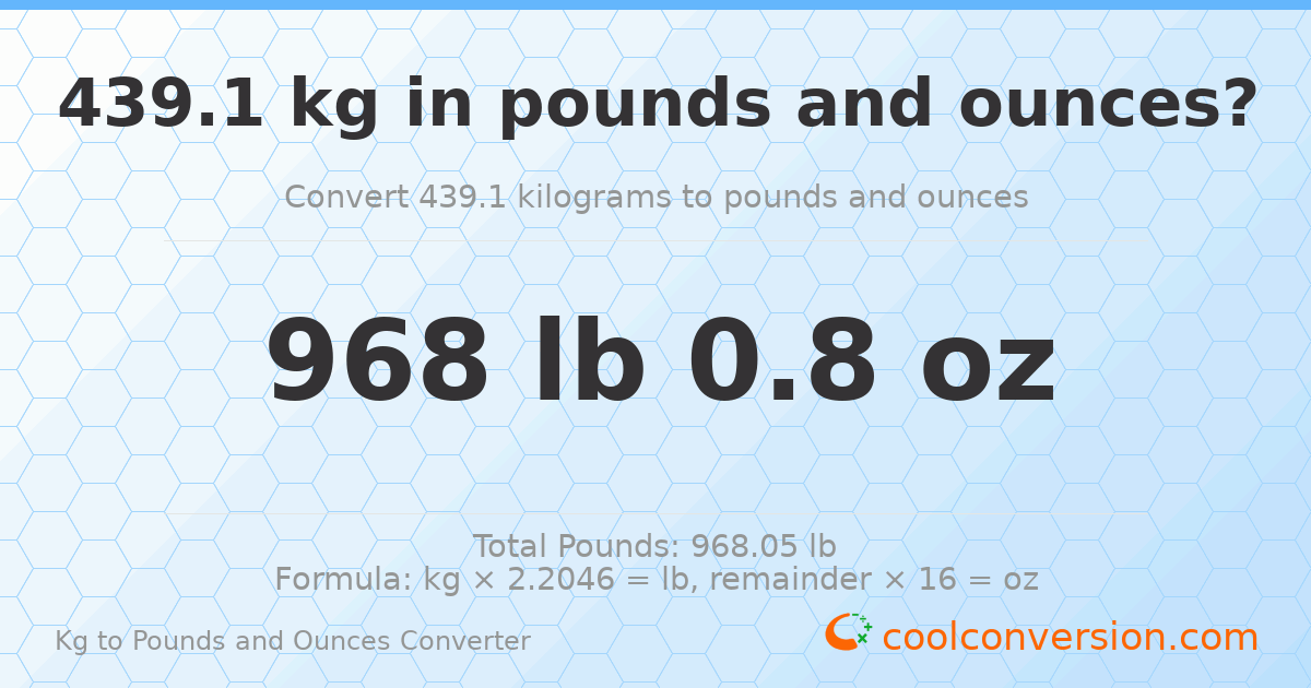 439.1 kg to lbs and oz — 439.1 kg = 968 lb 0.8 oz