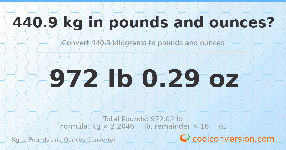 440.9 kg to lbs and oz — 440.9 kg = 972 lb 0.29 oz
