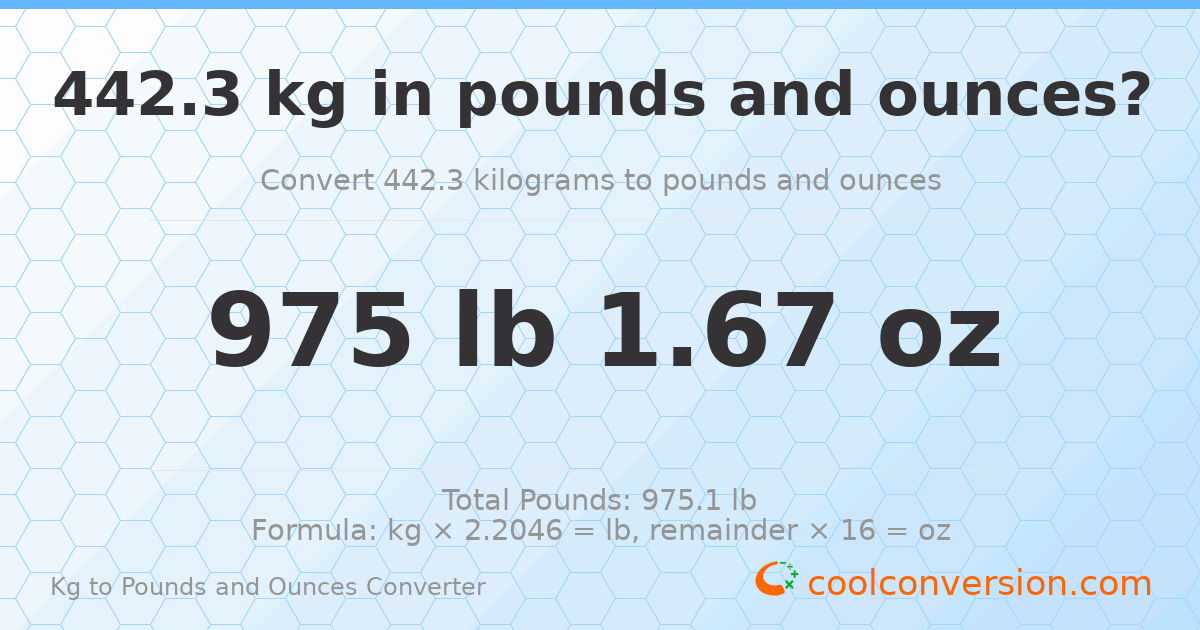 442.3 kg to lbs and oz — 442.3 kg = 975 lb 1.67 oz