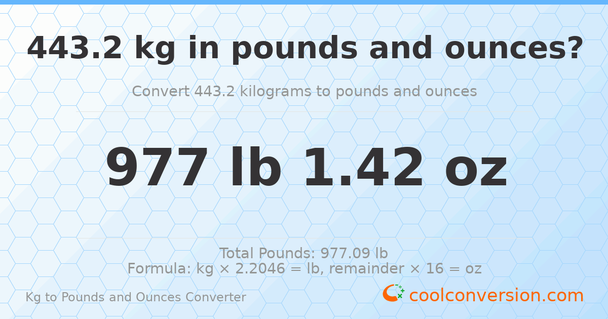 443.2 kg to lbs and oz — 443.2 kg = 977 lb 1.42 oz