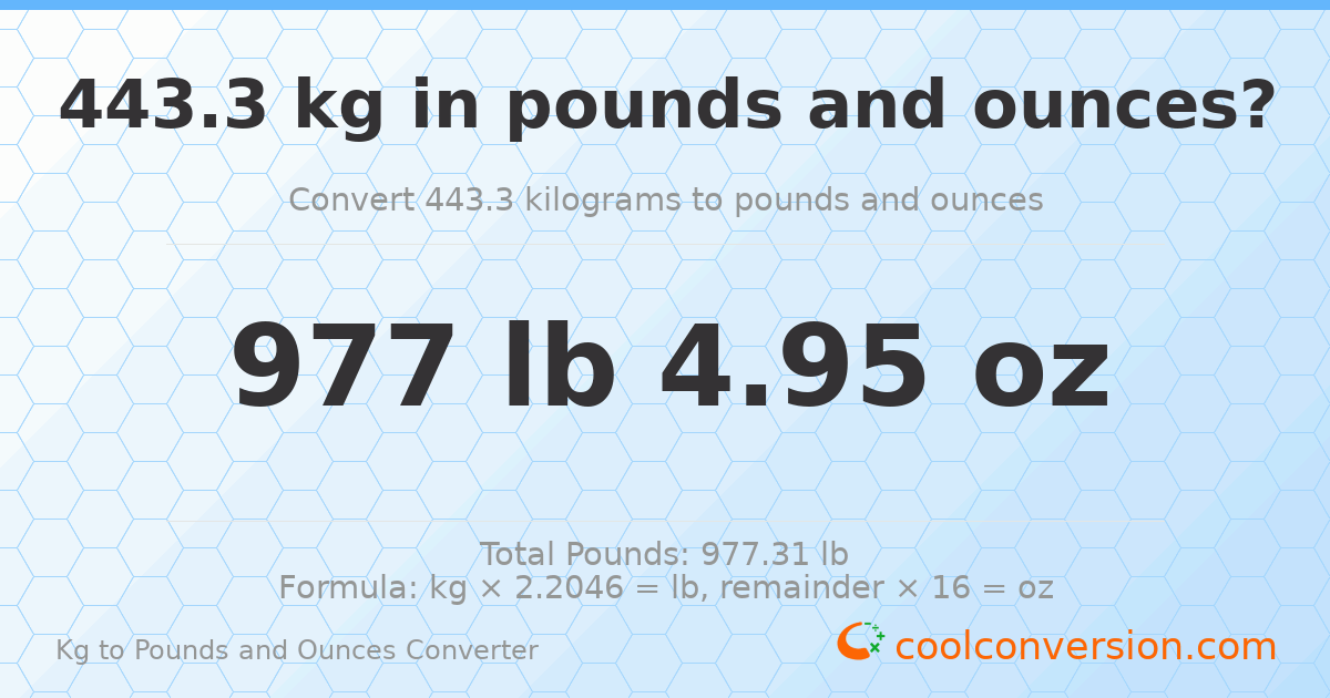 443.3 kg to lbs and oz — 443.3 kg = 977 lb 4.95 oz