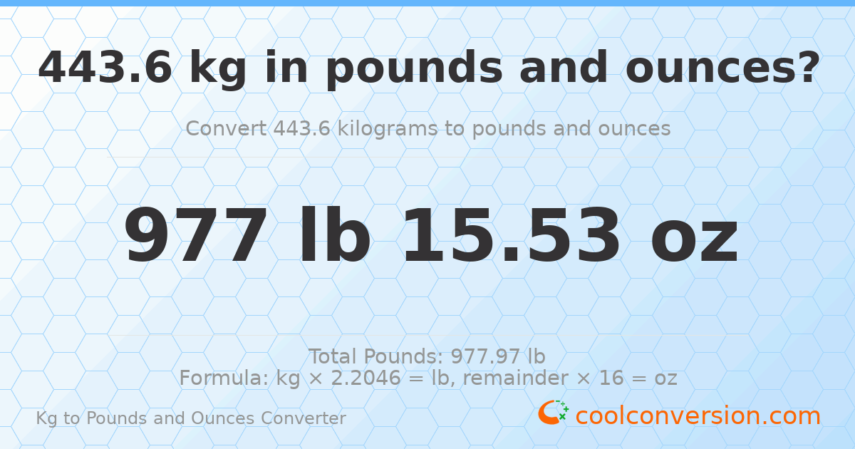 443.6 kg to lbs and oz — 443.6 kg = 977 lb 15.53 oz