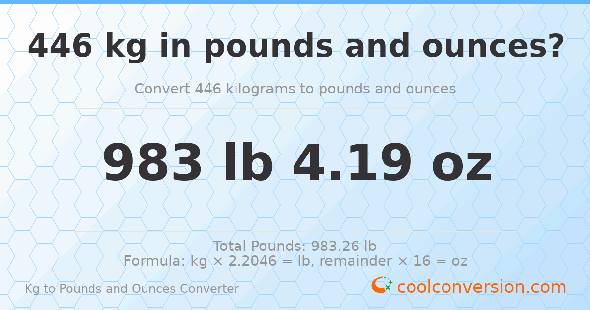 446 kg to lbs and oz — 446 kg = 983 lb 4.19 oz