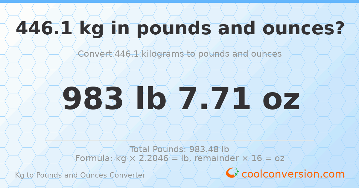 446.1 kg to lbs and oz — 446.1 kg = 983 lb 7.71 oz