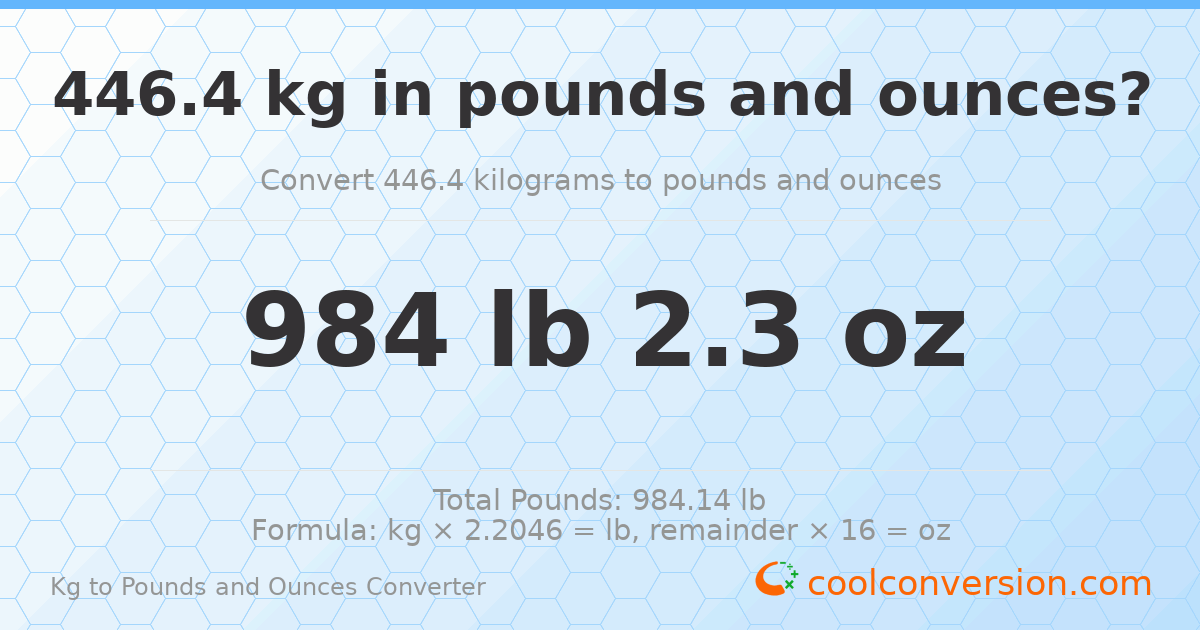 446.4 kg to lbs and oz — 446.4 kg = 984 lb 2.3 oz