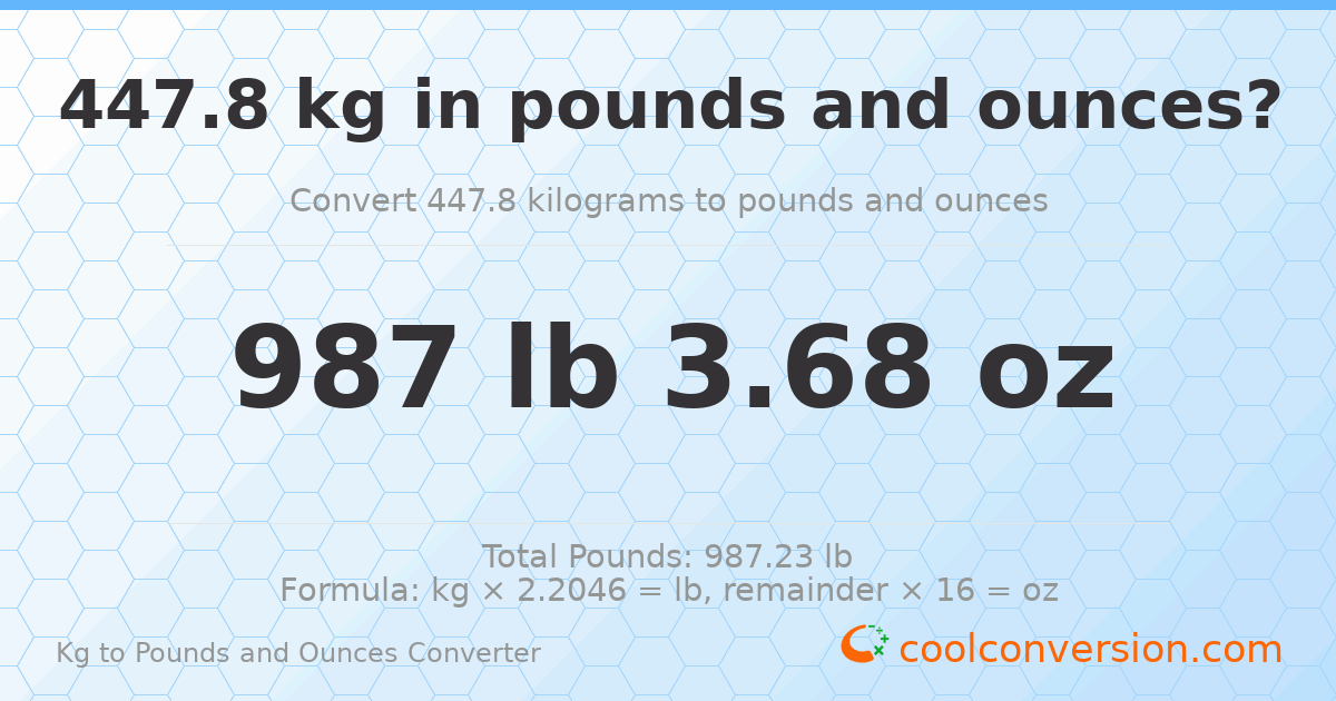 447.8 kg to lbs and oz — 447.8 kg = 987 lb 3.68 oz
