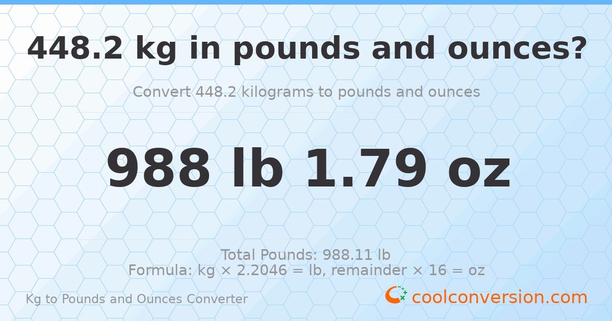 448.2 kg to lbs and oz — 448.2 kg = 988 lb 1.79 oz