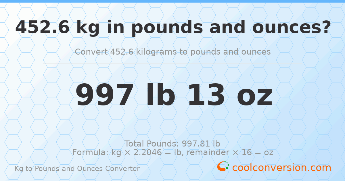 452.6 kg to lbs and oz — 452.6 kg = 997 lb 13 oz