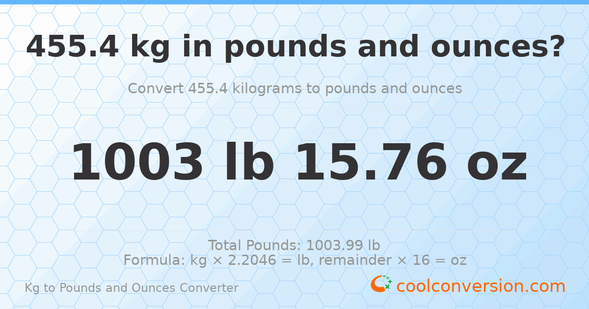 455.4 kg to lbs and oz — 455.4 kg = 1003 lb 15.76 oz