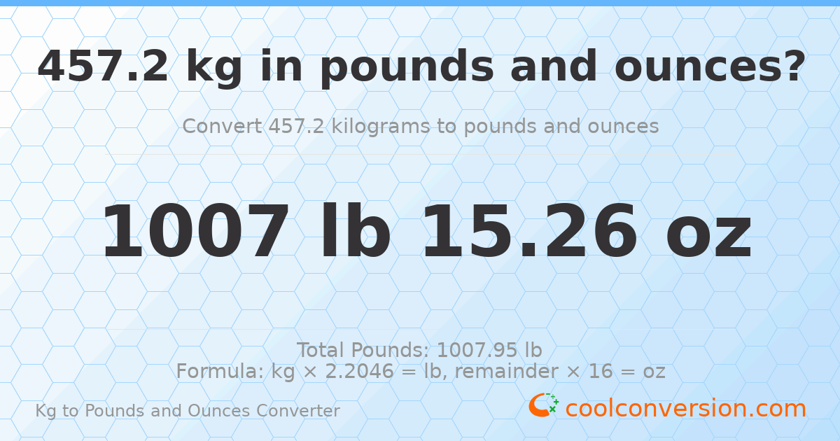 457.2 kg to lbs and oz — 457.2 kg = 1007 lb 15.26 oz