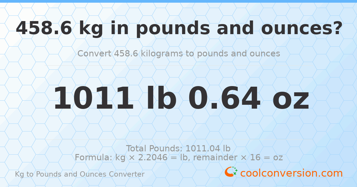 458.6 kg to lbs and oz — 458.6 kg = 1011 lb 0.64 oz