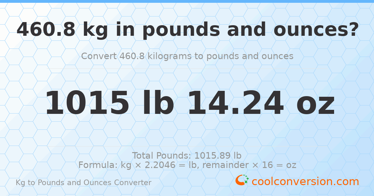 460.8 kg to lbs and oz — 460.8 kg = 1015 lb 14.24 oz